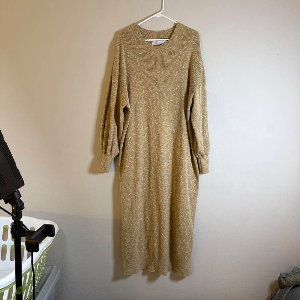 Free People FP Beach Tan Marled Cotton Knit Balloon Sleeve‎ Sweater Dress XL